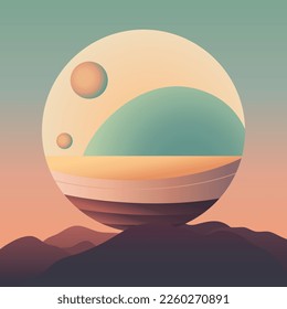 Abstract illustration of a planet over mountains in space in the future. Bright contrasting colors