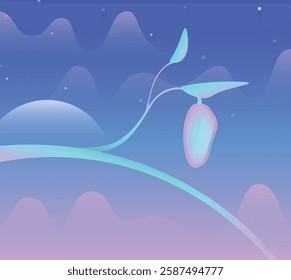 An abstract illustration of a plant with elongated leaves and a large seed pod set against a gradient sky.