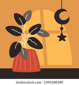 Abstract illustration of a plant in a pot with wind chimes in a flat style