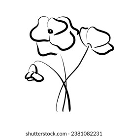 Abstract illustration of poppies. Minimalistic drawing of wild flowers. Flowering plant isolated on white background. Hand drawn flowers, imitation ink, brushes. Vector image.