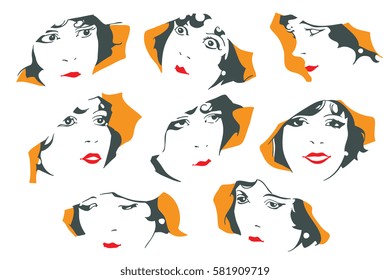 Abstract illustration. Abstract portrait of a cute girl. Different emotions.