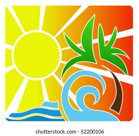 An abstract Illustration portraying an island paradise being destroyed by a tidal wave or tsunami, with a large hot sun glaring in the background.