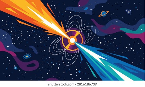Abstract illustration of a powerful cosmic explosion with colorful energy beams, magnetic field lines, stars, and deep space elements in a modern flat vector style.