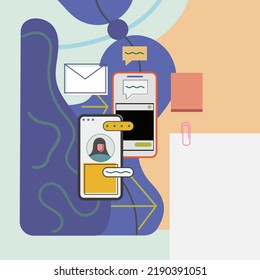 
Abstract illustration for presentations of web resources, business, work, blogging. Mail, tablet, phone, text clouds. Vector graphics. Background.