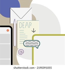 
Abstract illustration for presentations of web resources, business, work, blogging. Mail, tablet, phone, text clouds. Vector graphics. Background.