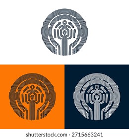 An abstract illustration presents a circular circuit board design. The artwork displays a network of lines and patterns in blue against three separate backgrounds. The overall composition suggests technological advancement, potentially suitable for various commercial applications and visual concepts. The imagery is clean with a focus on geometric shapes.