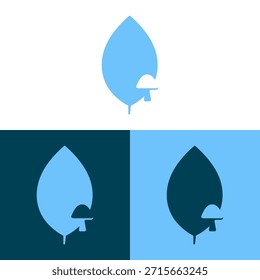 Uma ilustração abstrata apresenta uma forma de folha emparelhada com um pequeno cogumelo e um elemento gota. O design usa tons de azul contra diferentes planos de fundo. A composição é simples e gráfica, adequada para vários projetos de design e pode ser usada para marcar ou representar conceitos relacionados à natureza e ao crescimento.