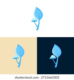 Una ilustración abstracta presenta una hoja estilizada y un hongo en tonos de azul. La composición emplea un efecto de degradado, creando una sensación de profundidad y un estilo de diseño limpio. La Imagen puede ser adecuada para diversas aplicaciones de diseño, incluidos proyectos de Diseño gráfico o contenido editorial que necesiten una estética moderna, y puede funcionar bien en contextos comerciales.