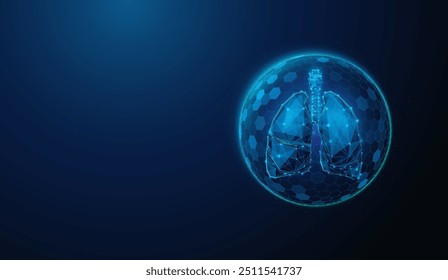 Abstract illustration of protected human lungs in low poly style. Blue geometric background depicting healthcare medical concept by wireframe connection structure