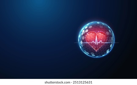 Abstract illustration of protected red human heart in low poly style. Blue geometric background depicting healthcare medical concept by wireframe connection structure