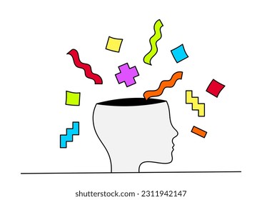 Abstract illustration of psychological subjects. Thoughts in the form of geometric shapes swarm around the head.