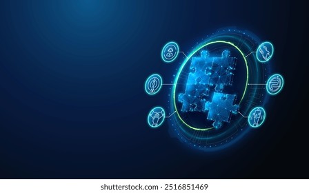 Abstract illustration of putting together the puzzle complete in low poly style. Blue geometric background depicting business teamwork and problem solving concept by wireframe connection structure