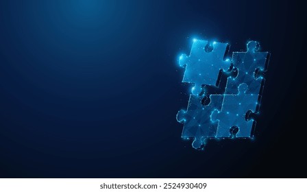 Ilustración Abstractas de la pieza del rompecabezas que completa el rompecabezas en estilo de baja poli. Fondo geométrico azul que representa la resolución de problemas y el concepto de trabajo en equipo de negocios por estructura de conexión de alambre