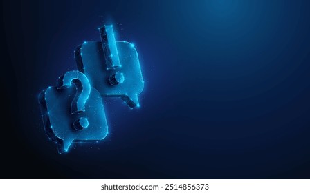 Abstract illustration of question mark and exclamation mark on chat bubbles in low poly style. Blue geometric background depicting faq and technical expert support concept by wireframe connection