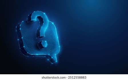 Abstract illustration of question mark floating over chat bubble in low poly style. Blue geometric background depicting faq and technical expert support concept by wireframe connection structure