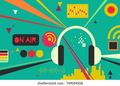 Abstract Illustration of a Radio Production Communication with a Headset and Media Controls