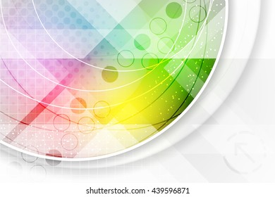 Abstract illustration in rainbow colors with circular elements, halftone effect, arrows and place for your content. Vector background.