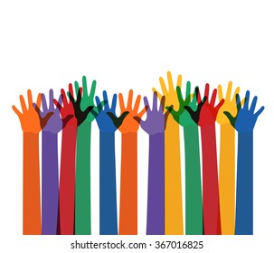 abstract illustration with raising multi color hands. vector