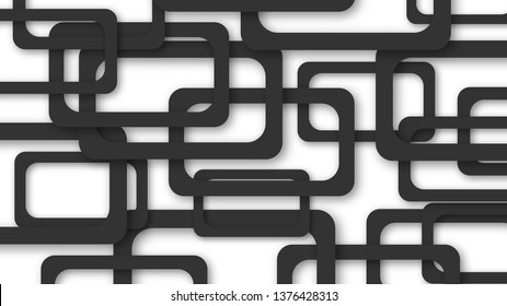 Abstract illustration of randomly arranged black rectangle frames with soft shadows on white background