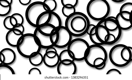 Abstract illustration of randomly arranged black rings with soft shadows on white background