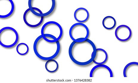 Abstract illustration of randomly arranged blue rings with soft shadows on white background