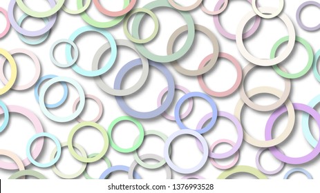 Abstract illustration of randomly arranged colored rings with soft shadows on white background