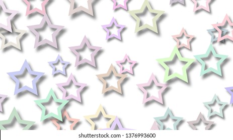 Abstract illustration of randomly arranged colored stars with soft shadows on white background