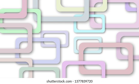 Abstract illustration of randomly arranged colored rectangle frames with soft shadows on white background