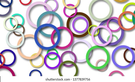 Abstract illustration of randomly arranged colored rings with soft shadows on white background