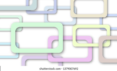 Abstract illustration of randomly arranged colored rectangle frames with soft shadows on white background