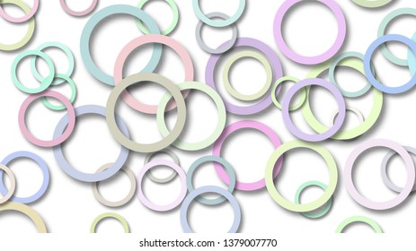 Abstract illustration of randomly arranged colored rings with soft shadows on white background