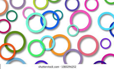 Abstract illustration of randomly arranged colored rings with soft shadows on white background
