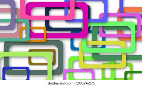Abstract illustration of randomly arranged colored rectangle frames with soft shadows on white background