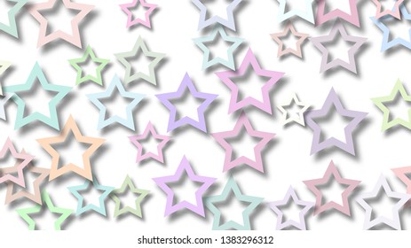 Abstract illustration of randomly arranged colored stars with soft shadows on white background