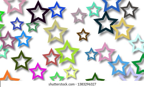 Abstract illustration of randomly arranged colored stars with soft shadows on white background