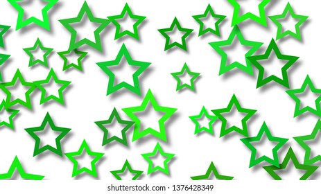 Abstract illustration of randomly arranged green stars with soft shadows on white background