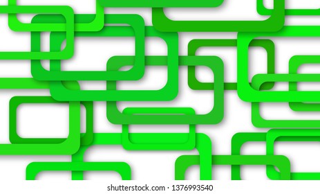 Abstract illustration of randomly arranged green rectangle frames with soft shadows on white background
