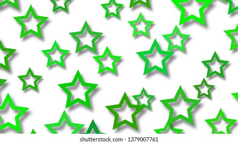 Abstract illustration of randomly arranged green stars with soft shadows on white background