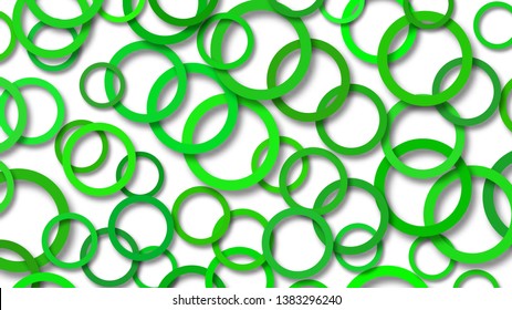Abstract illustration of randomly arranged green rings with soft shadows on white background