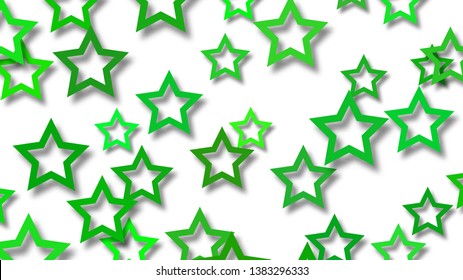 Abstract illustration of randomly arranged green stars with soft shadows on white background
