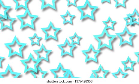 Abstract illustration of randomly arranged light blue stars with soft shadows on white background