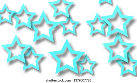 Abstract illustration of randomly arranged light blue stars with soft shadows on white background