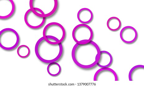 Abstract illustration of randomly arranged purple rings with soft shadows on white background
