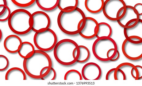 Abstract illustration of randomly arranged red rings with soft shadows on white background