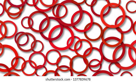 Abstract illustration of randomly arranged red rings with soft shadows on white background