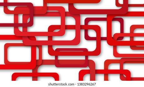 Abstract illustration of randomly arranged red rectangle frames with soft shadows on white background