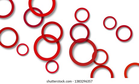 Abstract illustration of randomly arranged red rings with soft shadows on white background