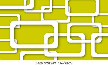 Abstract illustration of randomly arranged white rectangle frames with soft shadows on yellow background