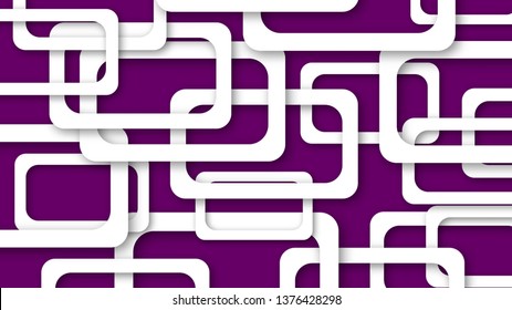 Abstract illustration of randomly arranged white rectangle frames with soft shadows on purple background