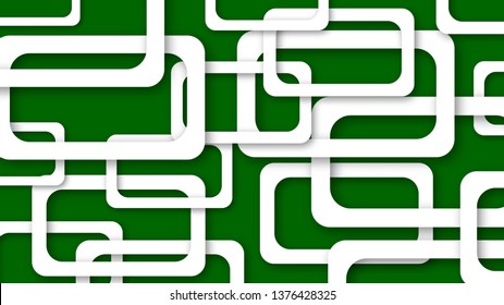 Abstract illustration of randomly arranged white rectangle frames with soft shadows on green background